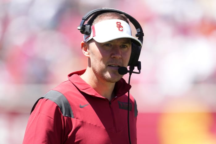 Southern California Trojans coach Lincoln Riley during the spring game at the Los Angeles Memorial Coliseum.